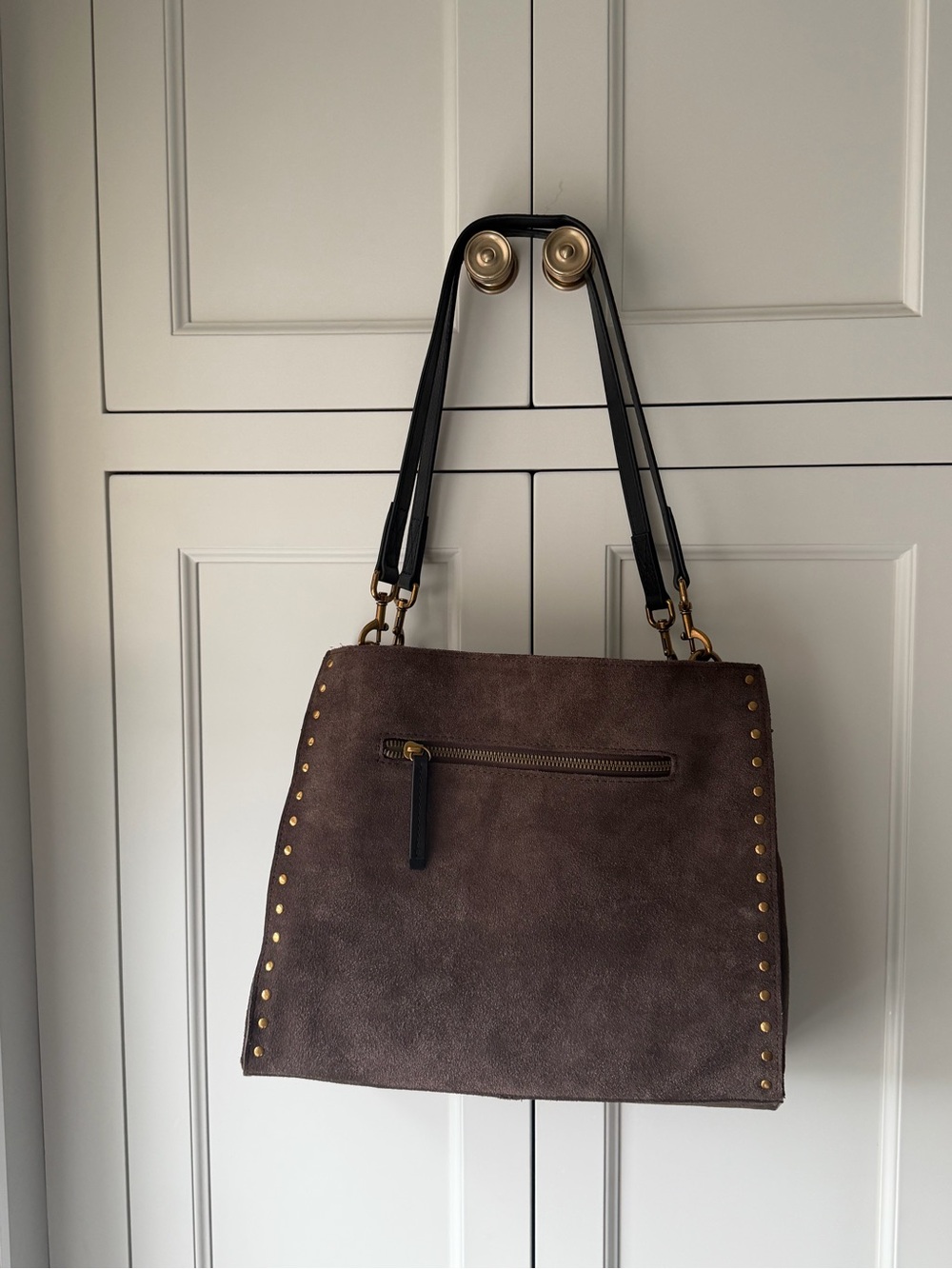 DSW Brown Suede Studded Shoulder Bag with Black Straps